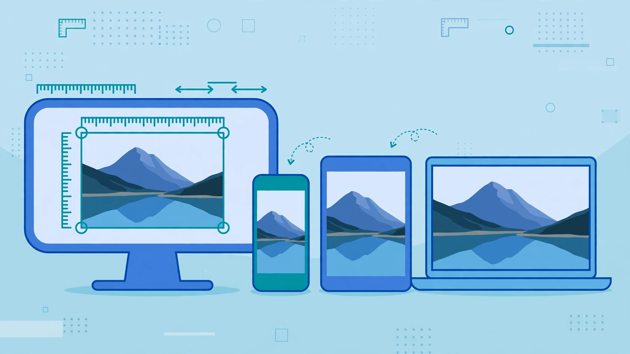 Illustration of image resizing across devices, showing correct pixel dimensions for websites, blogs, and social media